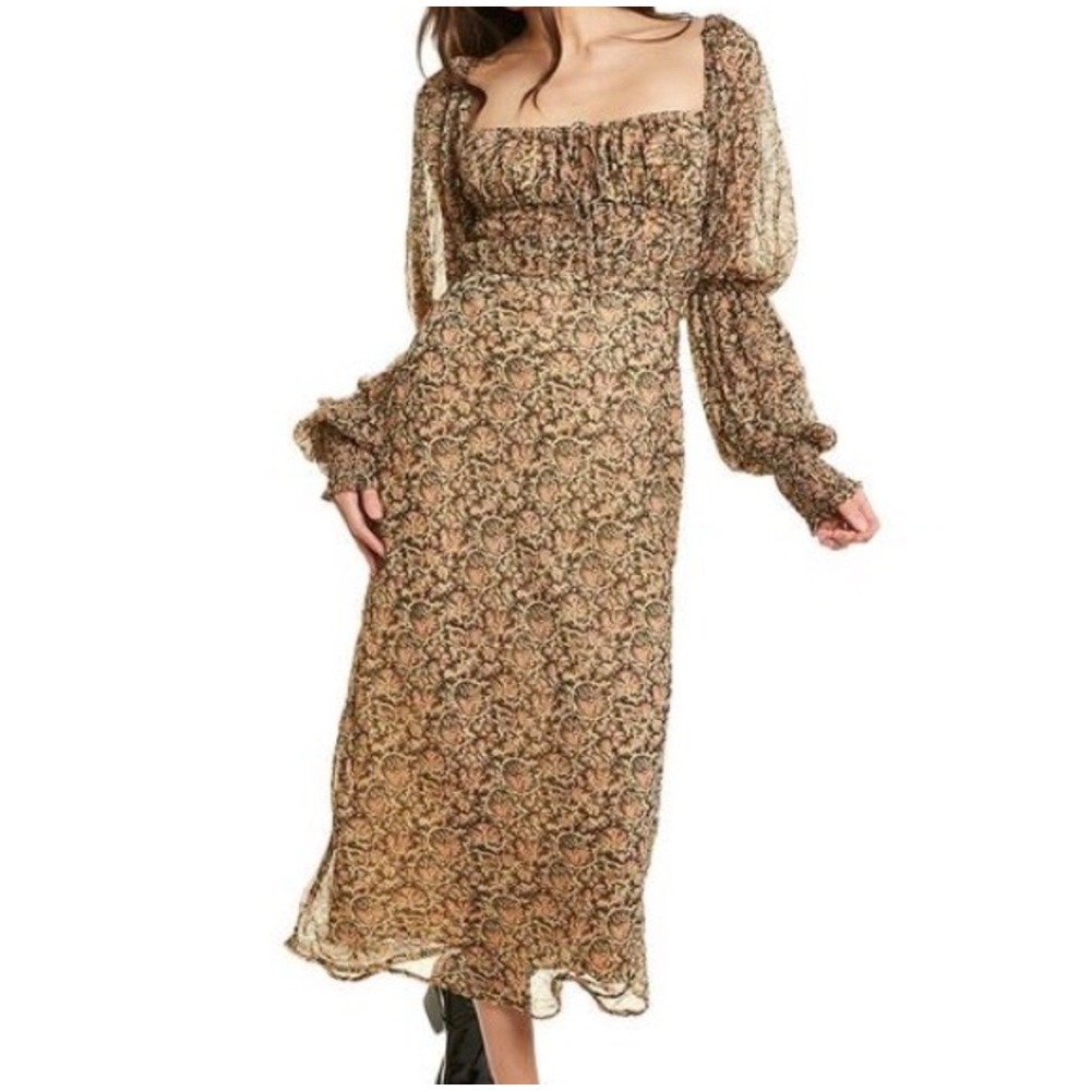 Free People Aglow Midi Dress M Brown Floral Smocked Balloon Sleeve Cutout